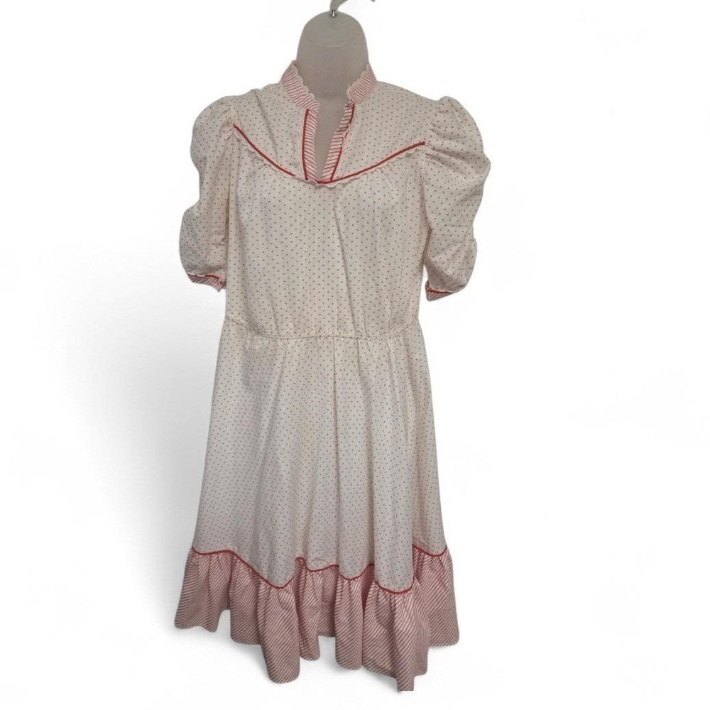 Vintage California Red White Prairie‎ Dress Ruffle Midi 70s USA Made